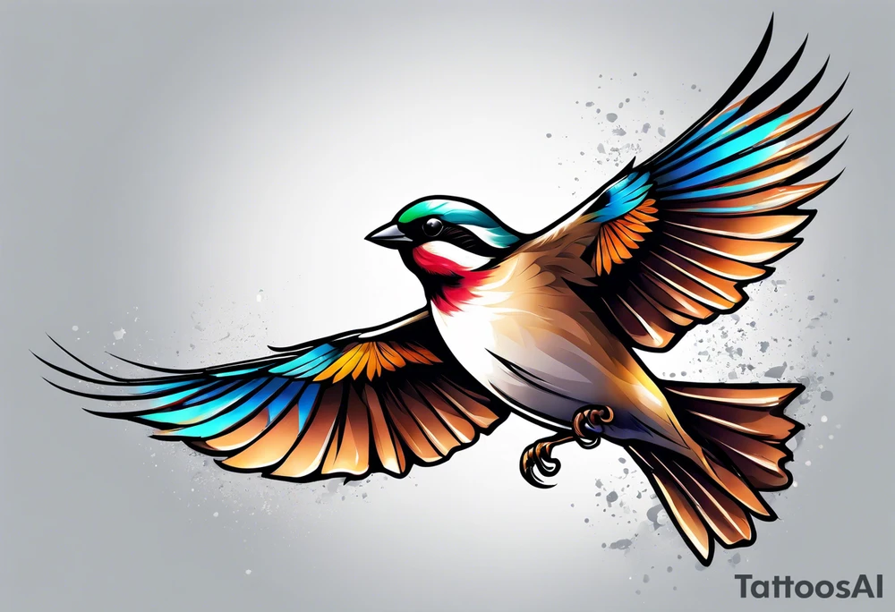 Colorful sparrow in flight tattoo idea | TattoosAI