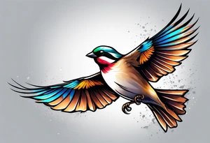 Colorful sparrow in flight tattoo idea