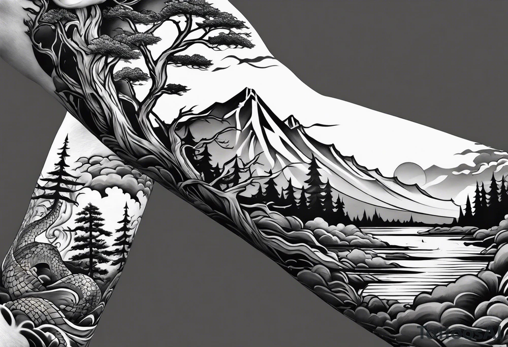 Full arm sleeve, tree going up to shoulder dead tree going down to wrist, wrapped in a serpent moving down with mountain and water elements tattoo idea