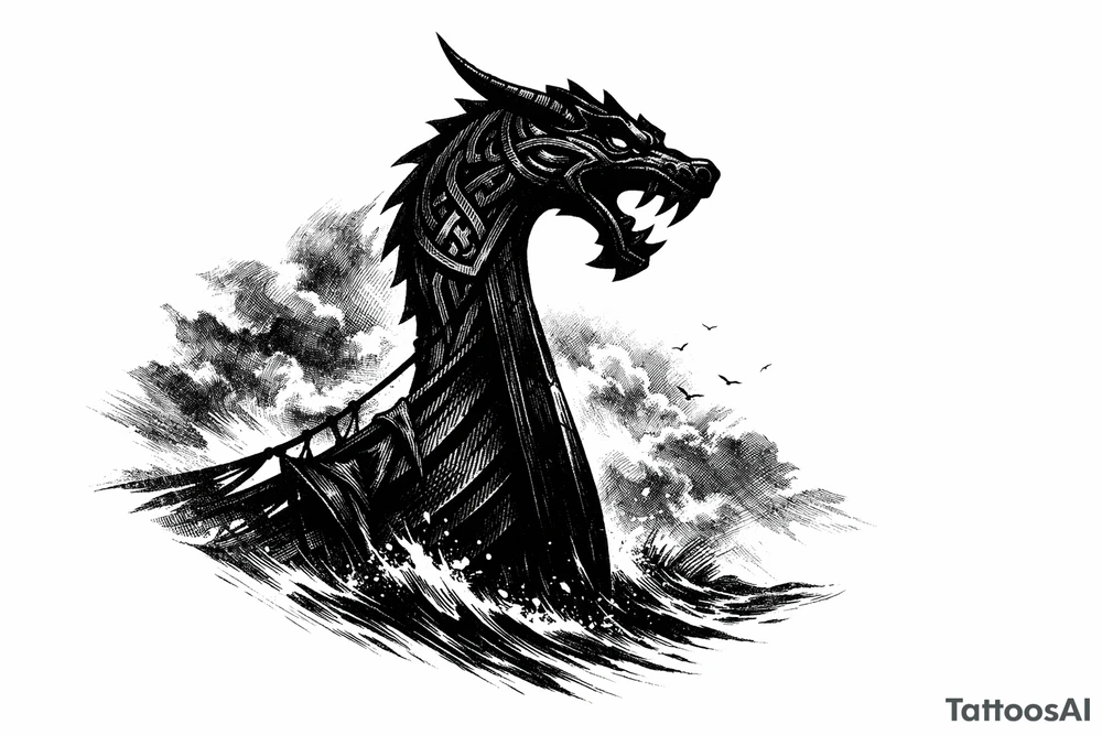 Silhouette of a Viking longship dragon head prow against a stormy, foggy sky. tattoo idea