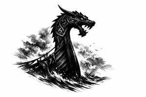 Silhouette of a Viking longship dragon head prow against a stormy, foggy sky. tattoo idea