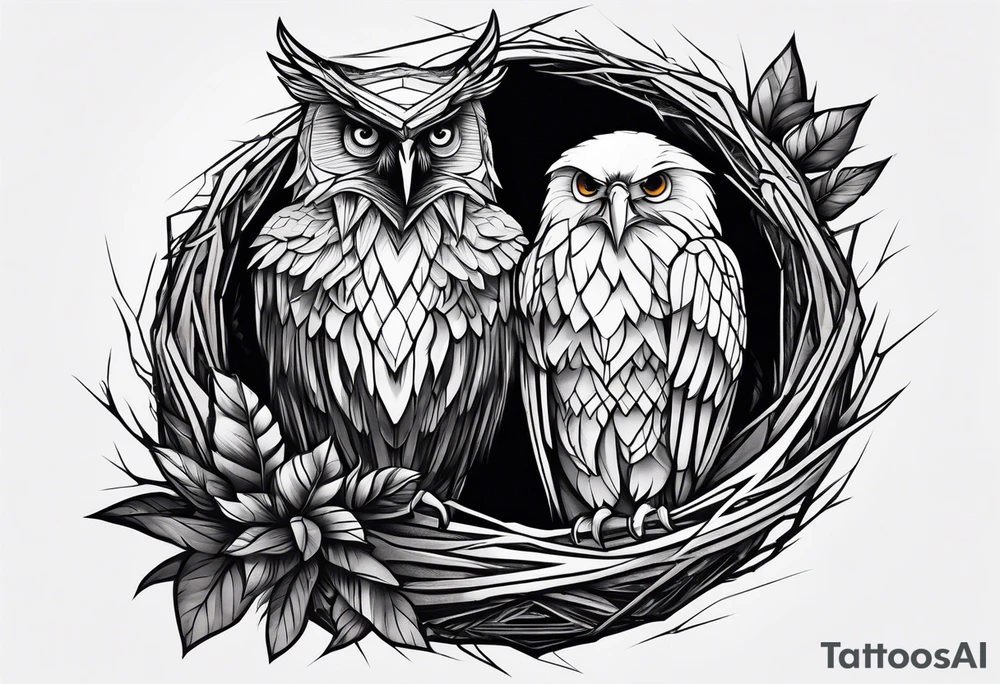 Owl, raven, eagle cuddled in a nest, looking down into the nest tattoo idea