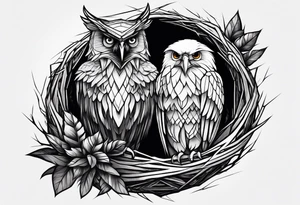 Owl, raven, eagle cuddled in a nest, looking down into the nest tattoo idea