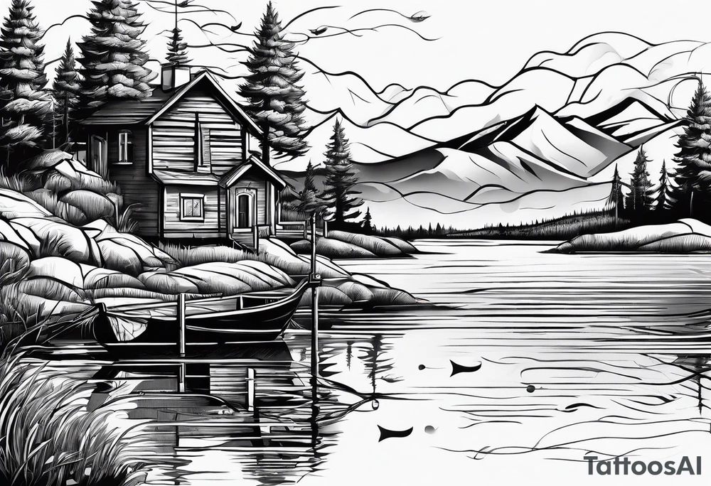 landscape and fishingpole and line with hook tattoo idea