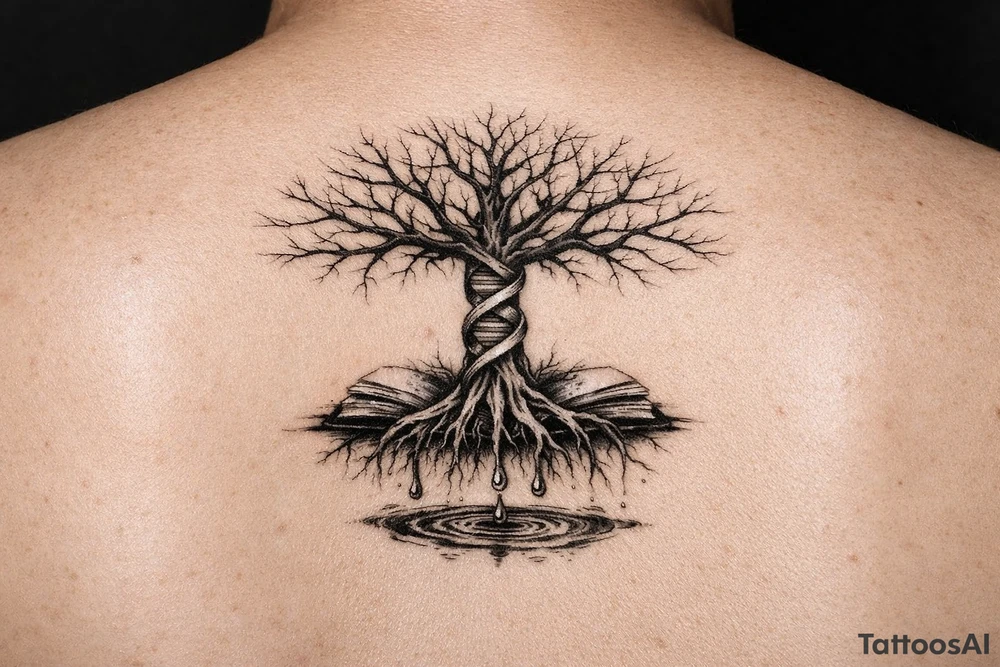 tree of life with a dna spiral for the trunk, bare branches spreading out to represent speciation/evolution, and roots sprouting out of open books to represent knowledge, with water dripping from the roots into a puddle tattoo idea