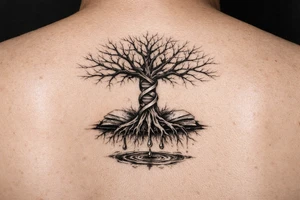 tree of life with a dna spiral for the trunk, bare branches spreading out to represent speciation/evolution, and roots sprouting out of open books to represent knowledge, with water dripping from the roots into a puddle tattoo idea