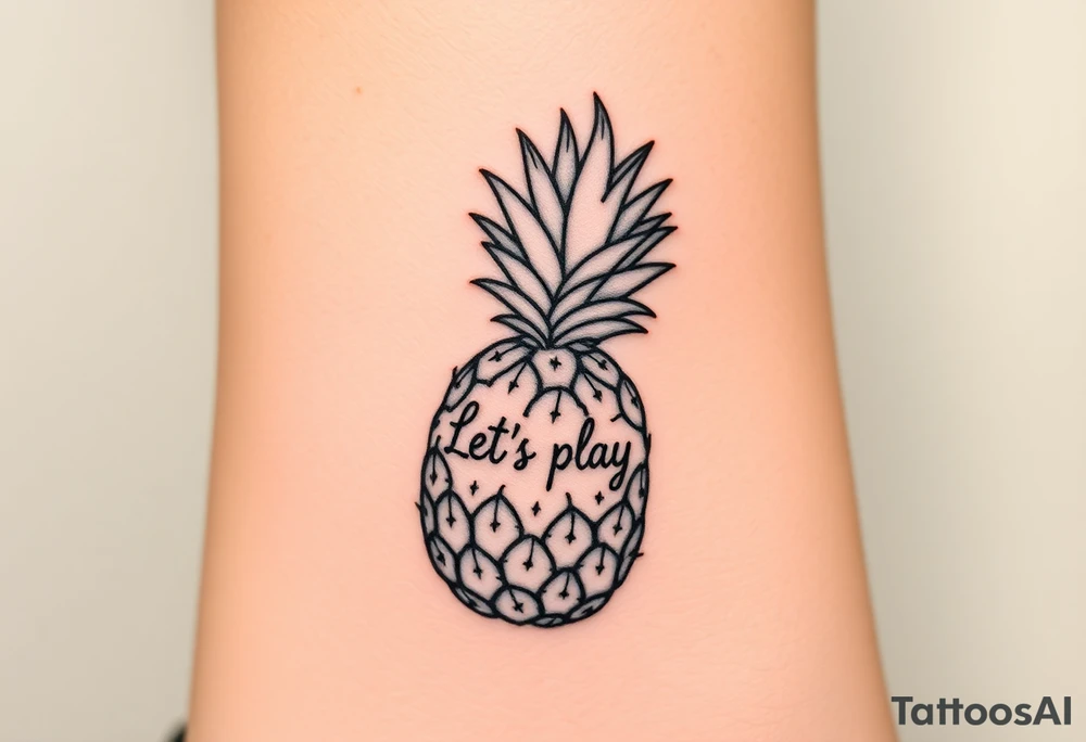 A black ink wrist tattoo featuring a realistic yet minimalistic pineapple. The pineapple is finely detailed with clean, precise lines, capturing the natural texture of the fruit while keeping the design subtle and uncluttered. Inside the body of the pineapple, the phrase "Let's play" is clearly placed in a bold but not overly thick font, ensuring readability while maintaining balance with the overall design. The leaves of the pineapple have a fine-line style with slight variations in thickness for a natural feel. The tattoo blends fine details with subtle bold elements, creating a clean and modern aesthetic. tattoo idea