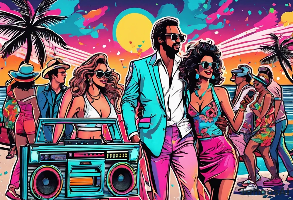1980's miami vice style dance party with boom box, confetti, music notes in a retro eighties beach theme tattoo idea