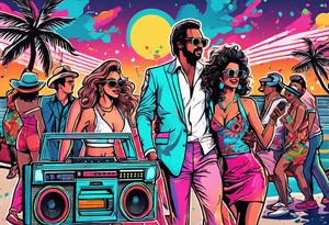 1980's miami vice style dance party with boom box, confetti, music notes in a retro eighties beach theme tattoo idea