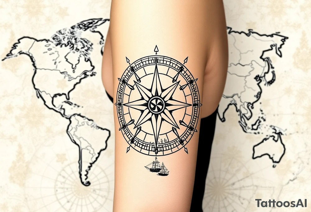 antique compass rose overlaid on weathered world map with sailing ships tattoo idea