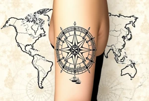 antique compass rose overlaid on weathered world map with sailing ships tattoo idea