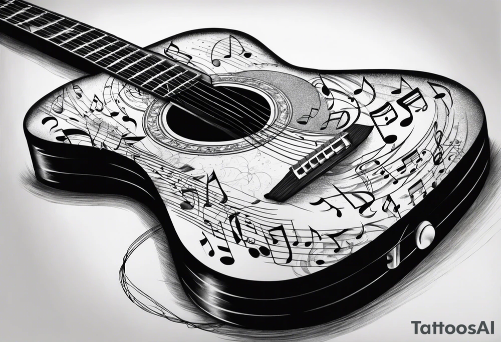 guitar with musical notes wrapped around it tattoo idea