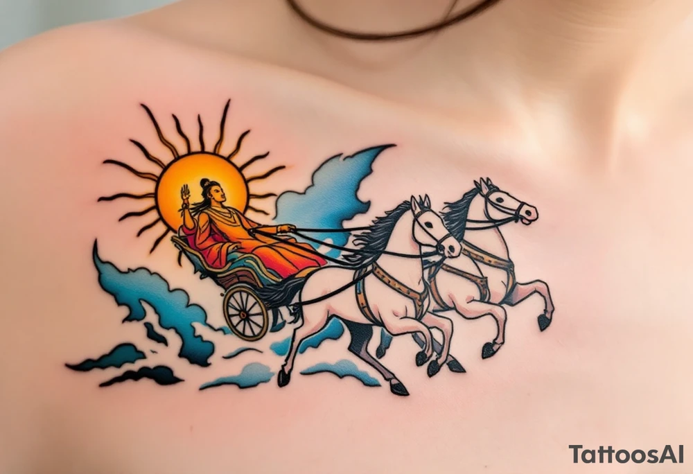 Dazhbog – A radiant sun god in fiery orange and yellow robes, riding a chariot pulled by white horses across a sky split in blue and scarlet. tattoo idea