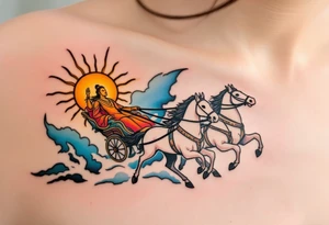 Dazhbog – A radiant sun god in fiery orange and yellow robes, riding a chariot pulled by white horses across a sky split in blue and scarlet. tattoo idea
