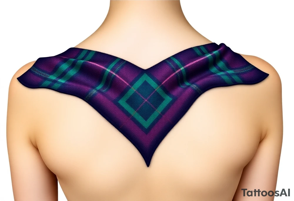 Chest 
Dark Purple with green pink blue and white highlights tartan fabric with skin around edges peeling and wrapping around side of shoulder tattoo idea