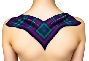 Chest 
Dark Purple with green pink blue and white highlights tartan fabric with skin around edges peeling and wrapping around side of shoulder tattoo idea
