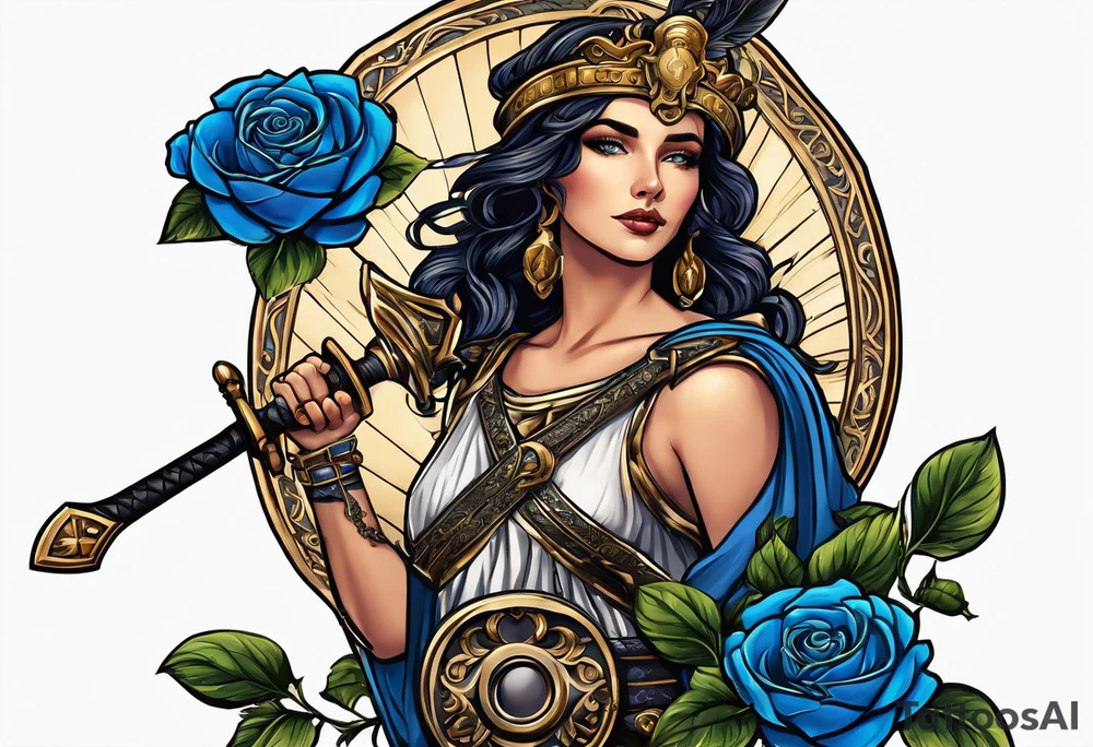 ancient rome clothes women, with Libra in one hand and a sword in the other, blue rose frames, justicia tattoo idea