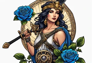 ancient rome clothes women, with Libra in one hand and a sword in the other, blue rose frames, justicia tattoo idea