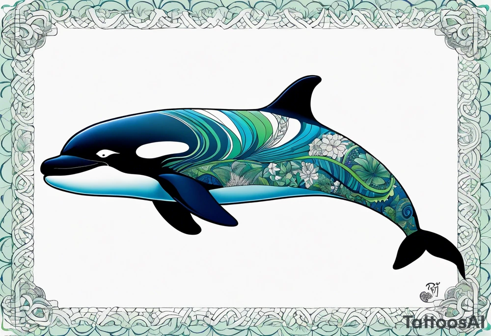 a killer whale with blues shades and light greens, minimalistic tattoo idea