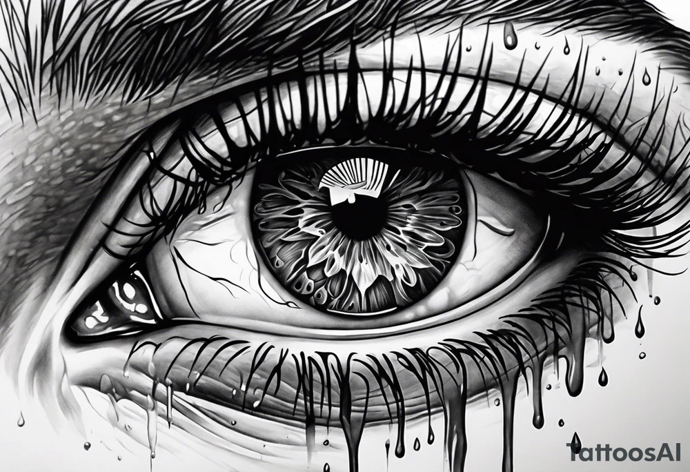 A realistic majestic human eye crying tears of blood with reflection of tragedy and death tattoo idea