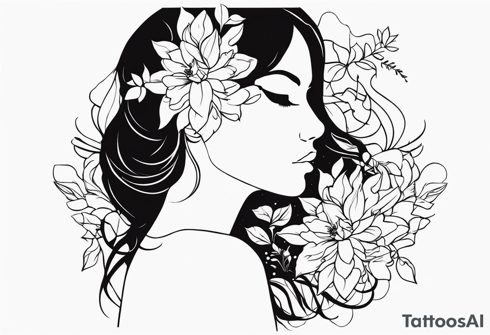 femenin silouette, fire and flowers, feminist tattoo, strong but really delicate, fine lines. No face, silouette. Minimalistic, silouette only, fine lines, no face tattoo idea