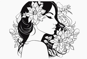 femenin silouette, fire and flowers, feminist tattoo, strong but really delicate, fine lines. No face, silouette. Minimalistic, silouette only, fine lines, no face tattoo idea