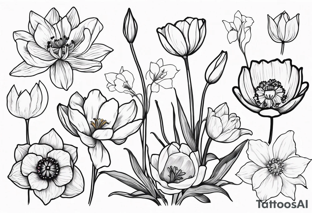 Poppy, water Lilly, Lilly of the valley, daffodil, cosmos tattoo idea