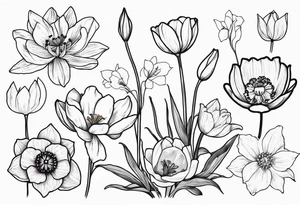Poppy, water Lilly, Lilly of the valley, daffodil, cosmos tattoo idea