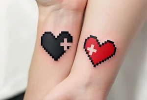 A black-and-red pixel heart duo for gamer couples, each missing half the pixels. tattoo idea