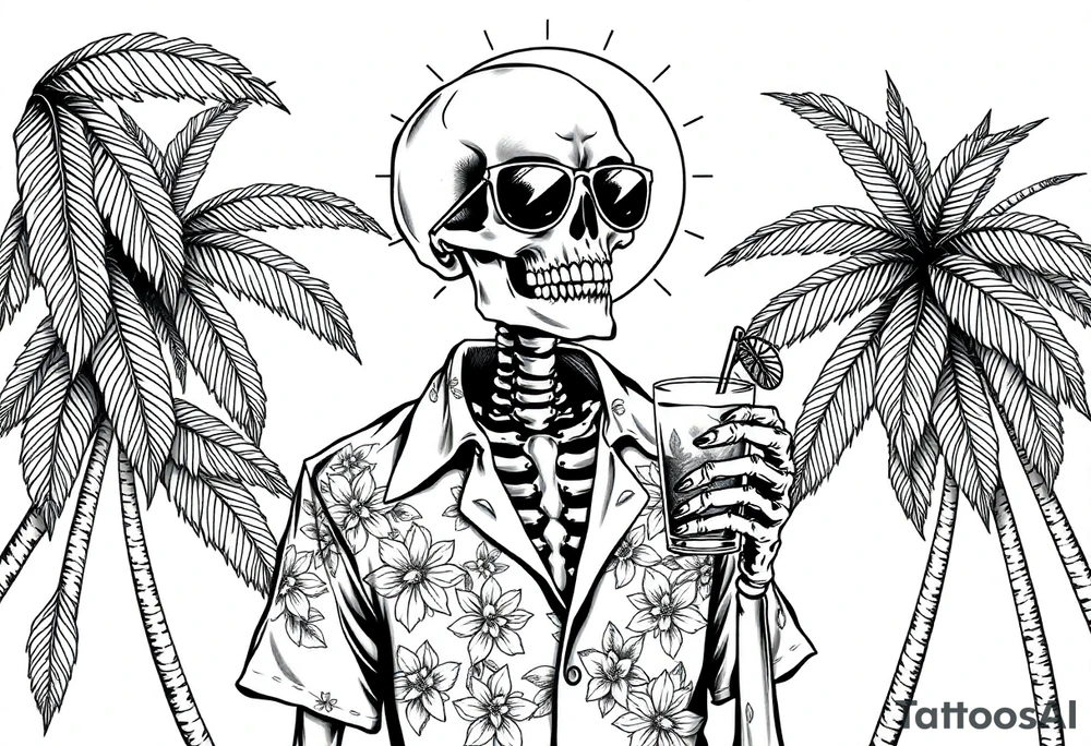 a skeleton in hawaiian shirt, palms, a cocktail,sun,sun-glasses. tattoo idea