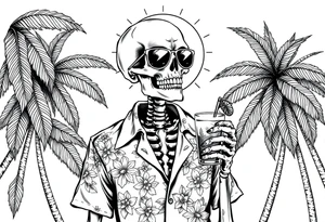 a skeleton in hawaiian shirt, palms, a cocktail,sun,sun-glasses. tattoo idea