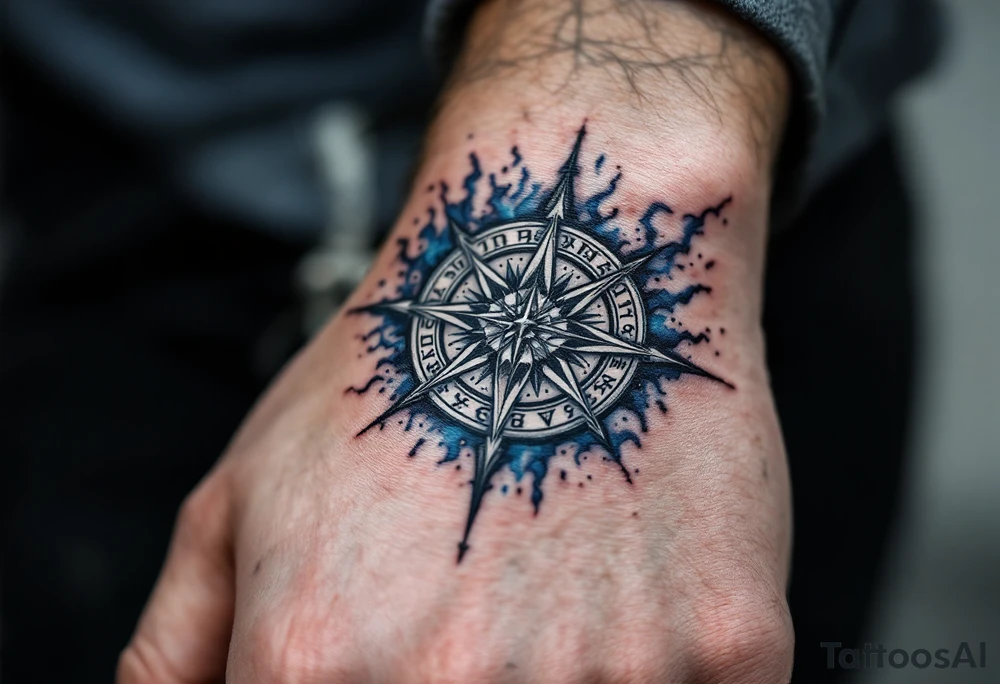 A white runic compass (Vegvísir) inked with fine black details and surrounded by stormy blue mist. tattoo idea
