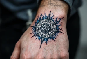 A white runic compass (Vegvísir) inked with fine black details and surrounded by stormy blue mist. tattoo idea