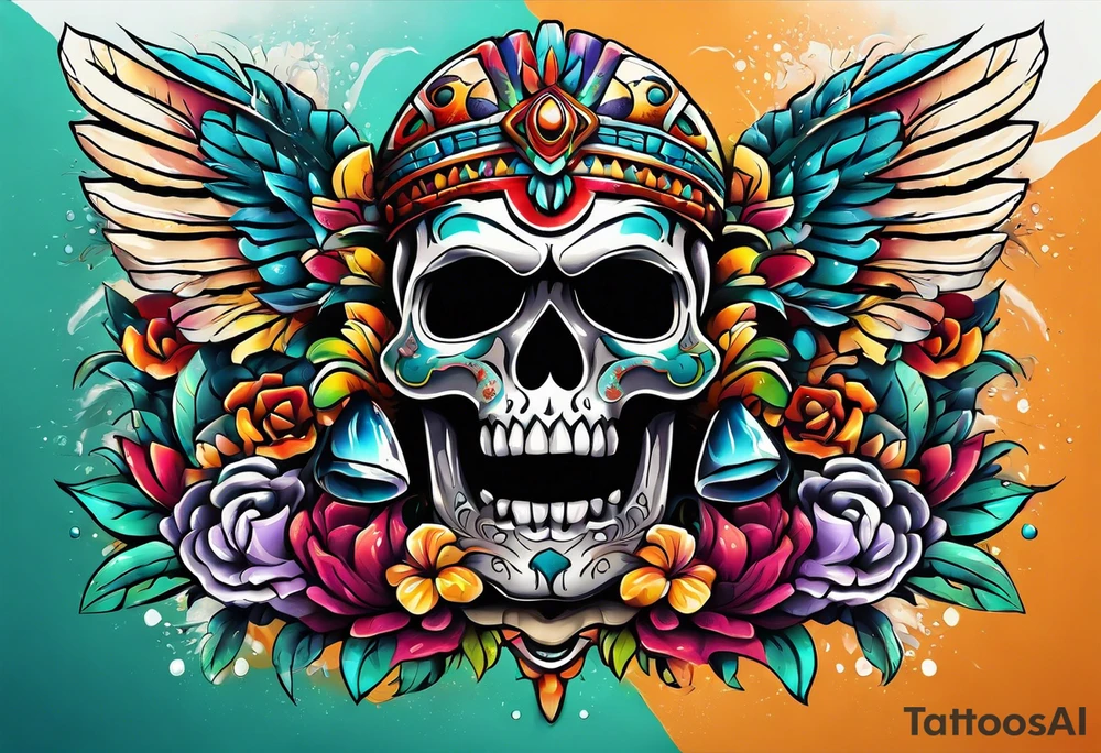 Colorful Mayan scull with water coming out of open mouth tattoo idea