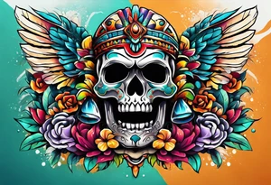 Colorful Mayan scull with water coming out of open mouth tattoo idea