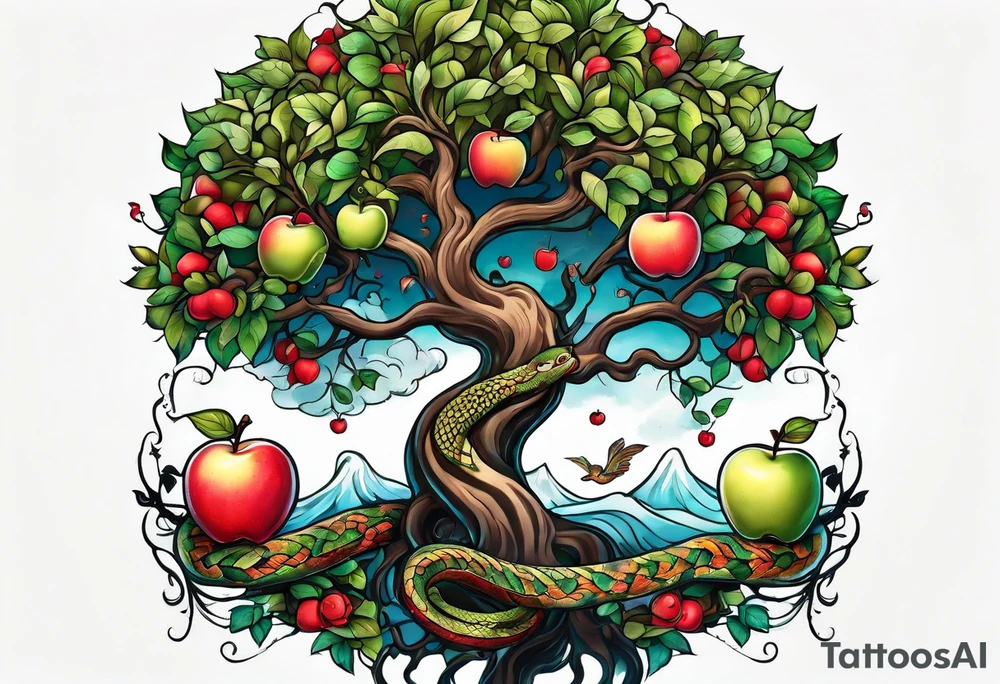 Tree of life with snake and apple tattoo idea
