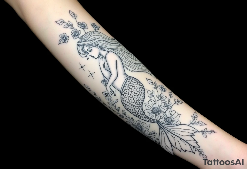 ethereal mermaid with flowing hair among coral and sea flowers tattoo idea