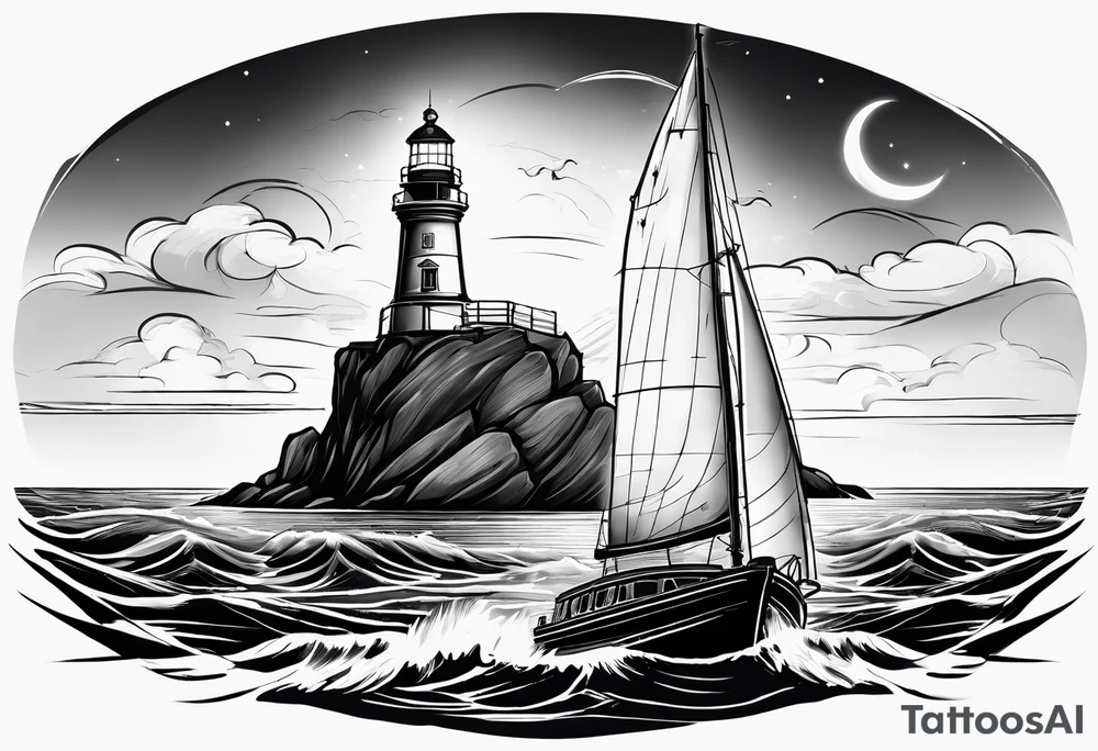 ghost marine lighthouse behind the bow of a sailboat. tattoo idea
