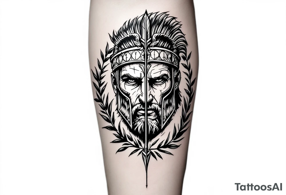 Rome warrior that from his face come down a long arrow and surrounded by a olive tree leaf around tattoo idea