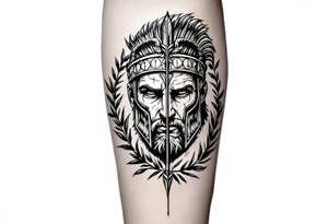 Rome warrior that from his face come down a long arrow and surrounded by a olive tree leaf around tattoo idea