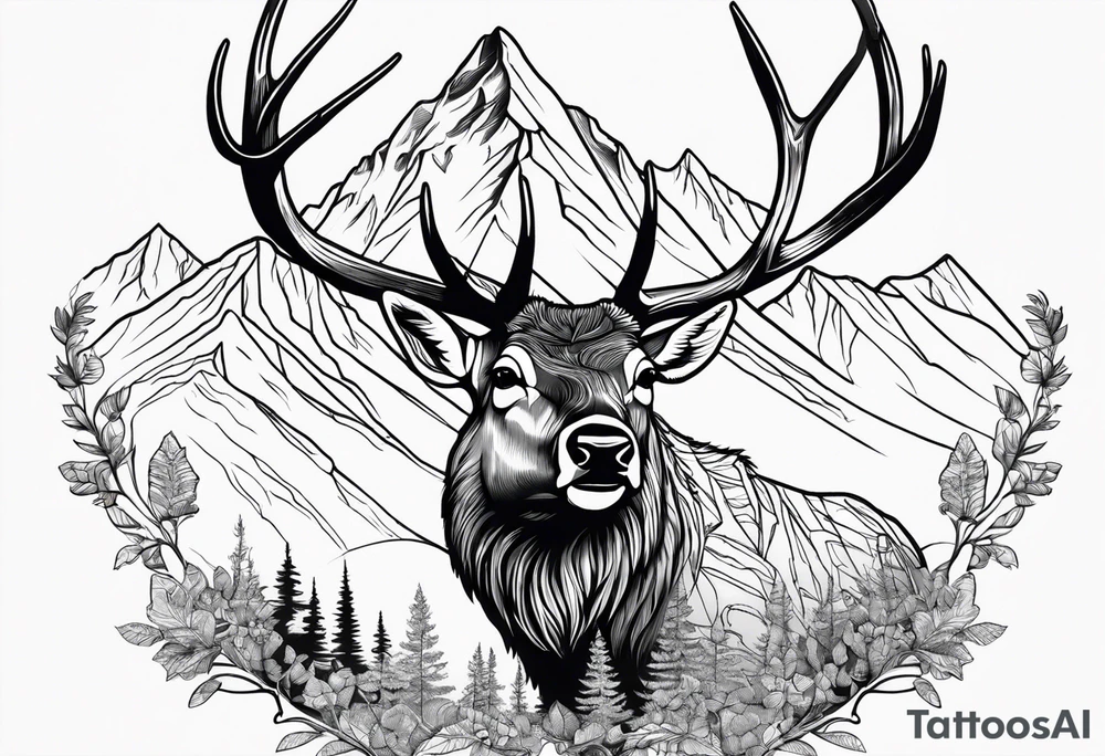arrowhead outline with an elk and mountains inside of it tattoo idea