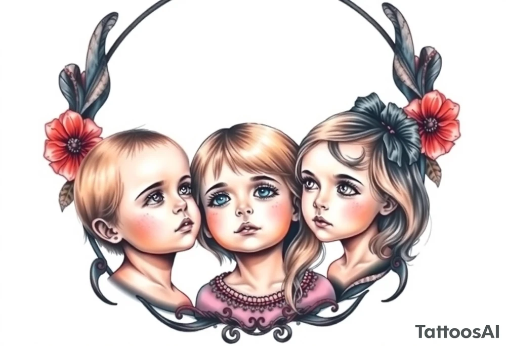 3 petites filles ( une cheveux noir et deux blondes)
sous un arc en ciel incomplet tattoo idea
