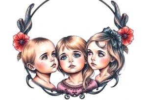 3 petites filles ( une cheveux noir et deux blondes)
sous un arc en ciel incomplet tattoo idea