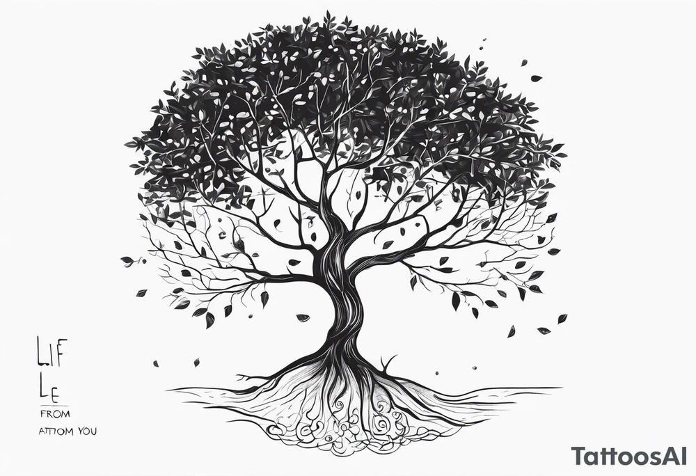 A tree growing from roots within body, with branches reaching outward with the text "life comes from you not at you" tattoo idea