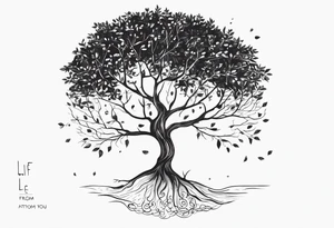 A tree growing from roots within body, with branches reaching outward with the text "life comes from you not at you" tattoo idea