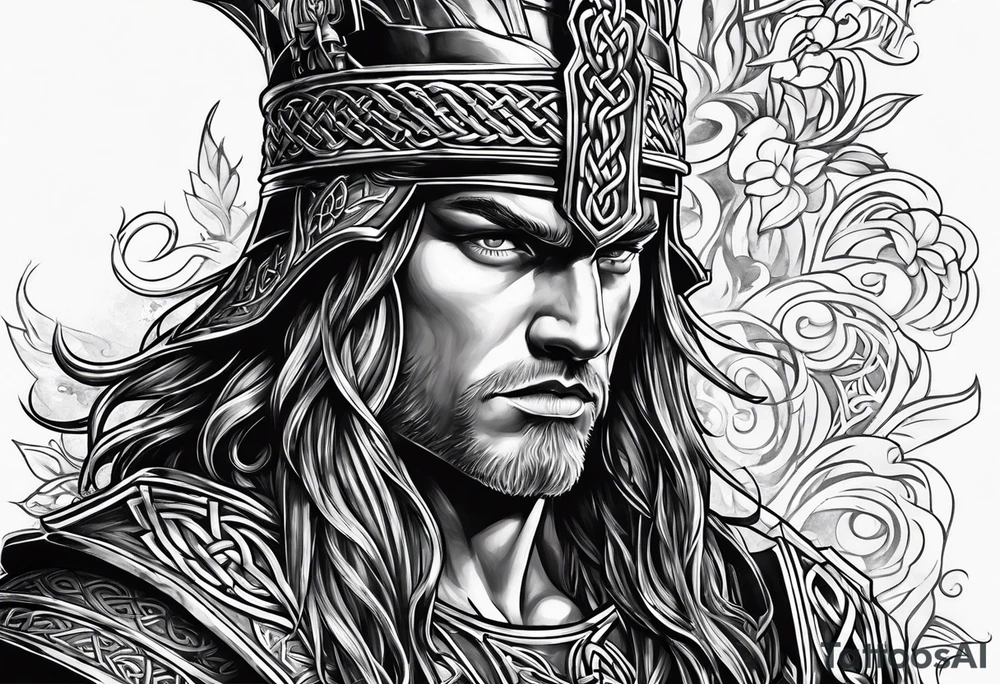 Celtic warrior facing left with irish background tattoo idea