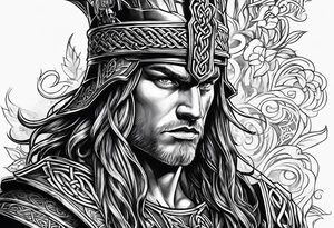 Celtic warrior facing left with irish background tattoo idea