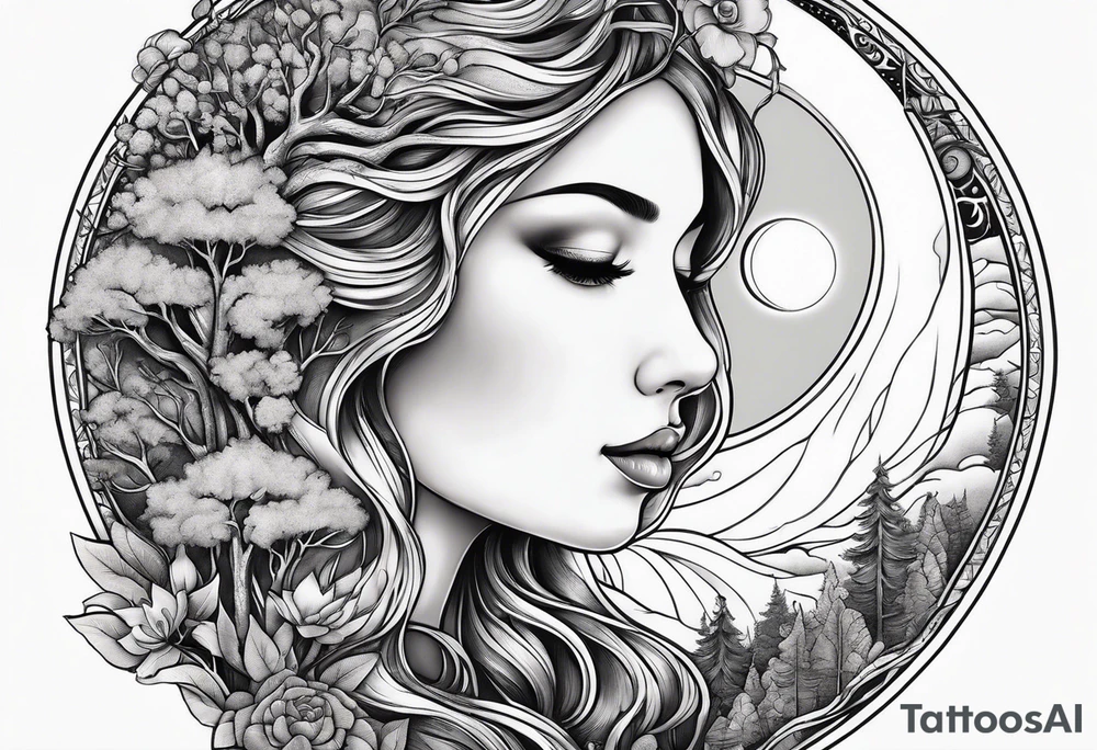 mother daughter with moon sun trees tattoo idea