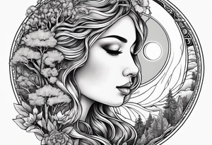 mother daughter with moon sun trees tattoo idea