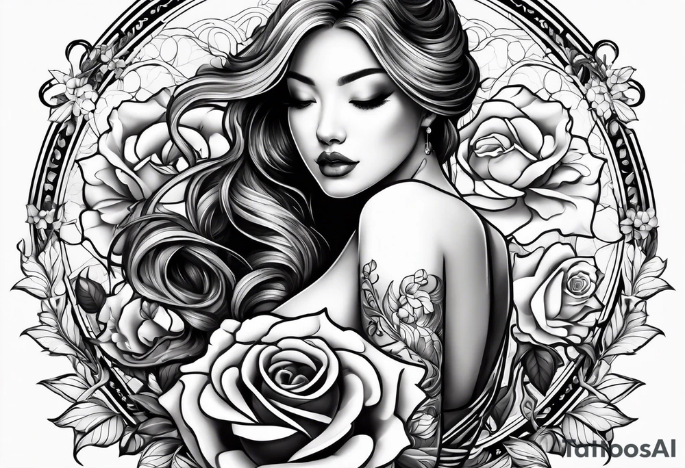 Bloomed rose with female body, kneeling tattoo idea